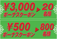 3,000円ボーナスクーポンを20名様、500円ボーナスクーポンを800名様