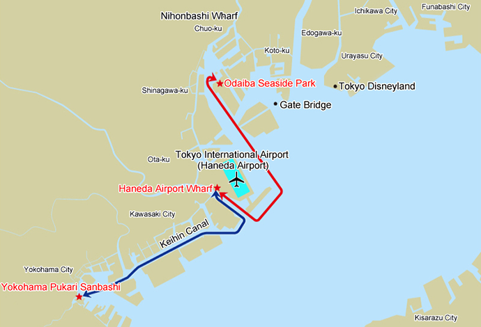 横浜ぷかりさん橋～羽田空港船着場、お台場海浜公園～羽田空港船着場