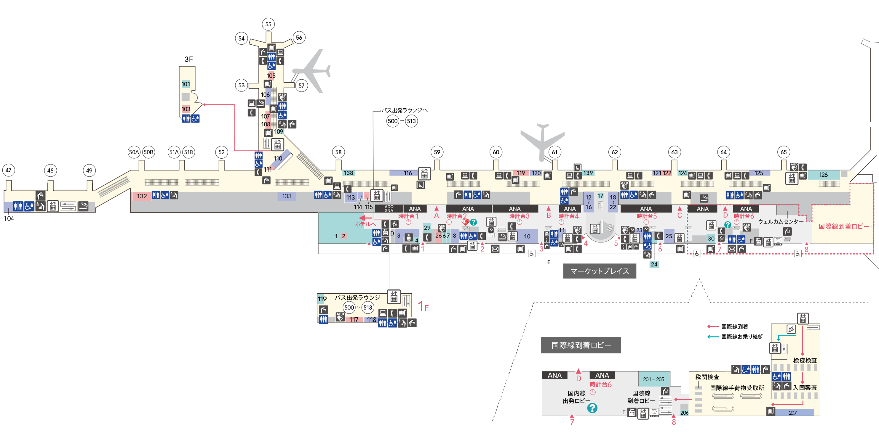 2F 出発ロビー（国内線） / 到着ロビー（国際線） フロアマップ