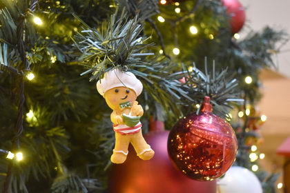 Gingerbread and other ornaments on the Christmas tree on the 2nd floor Terminal 1